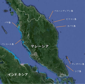 2001年、2007年、2013年で調査した島々。カパス島は2001年のみ、ビドゥン島は2013年のみ調査を実施した